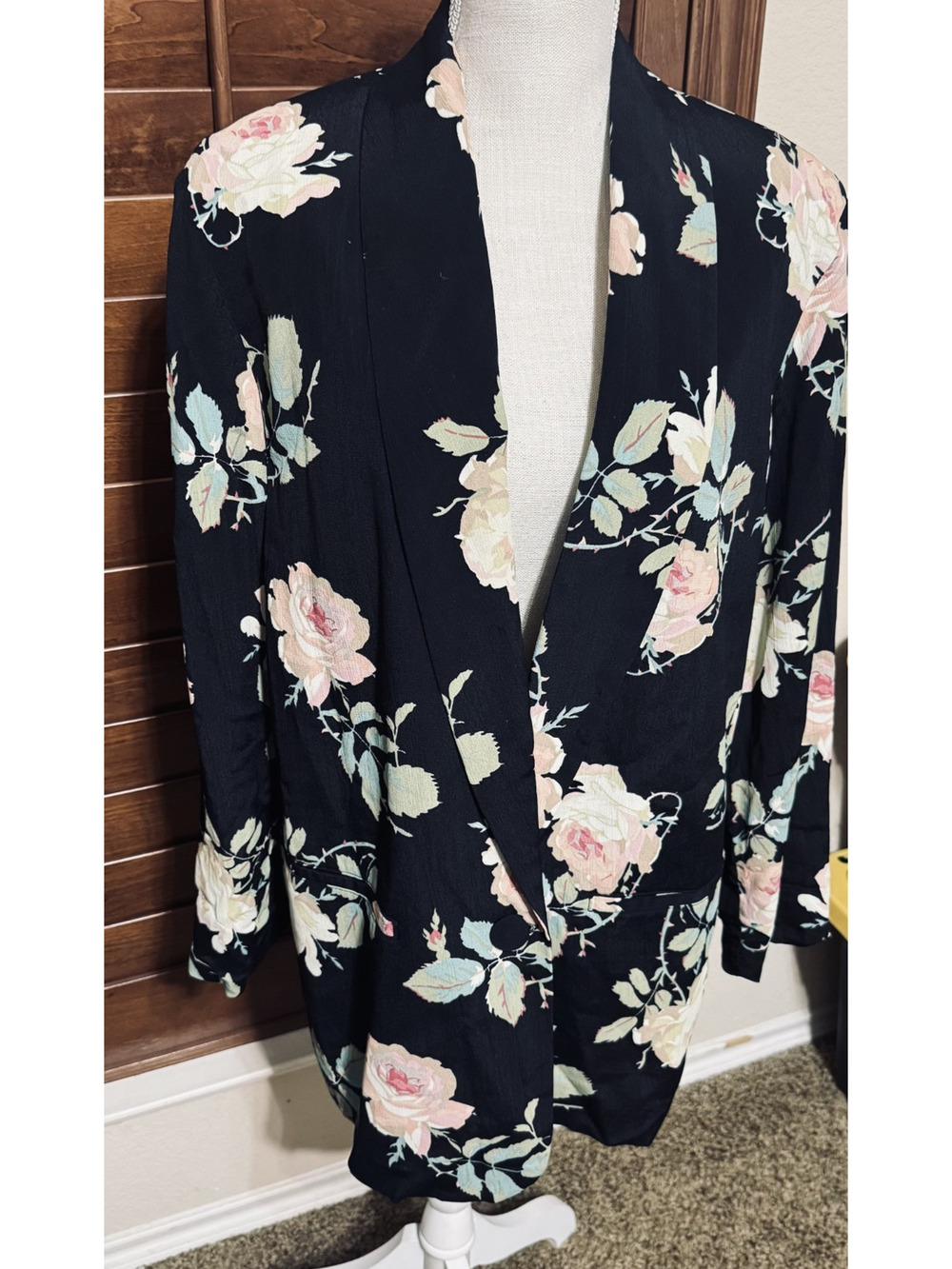 Vintage 90s Shelli Segal JM Black Floral Blazer Jacket Size M long length career